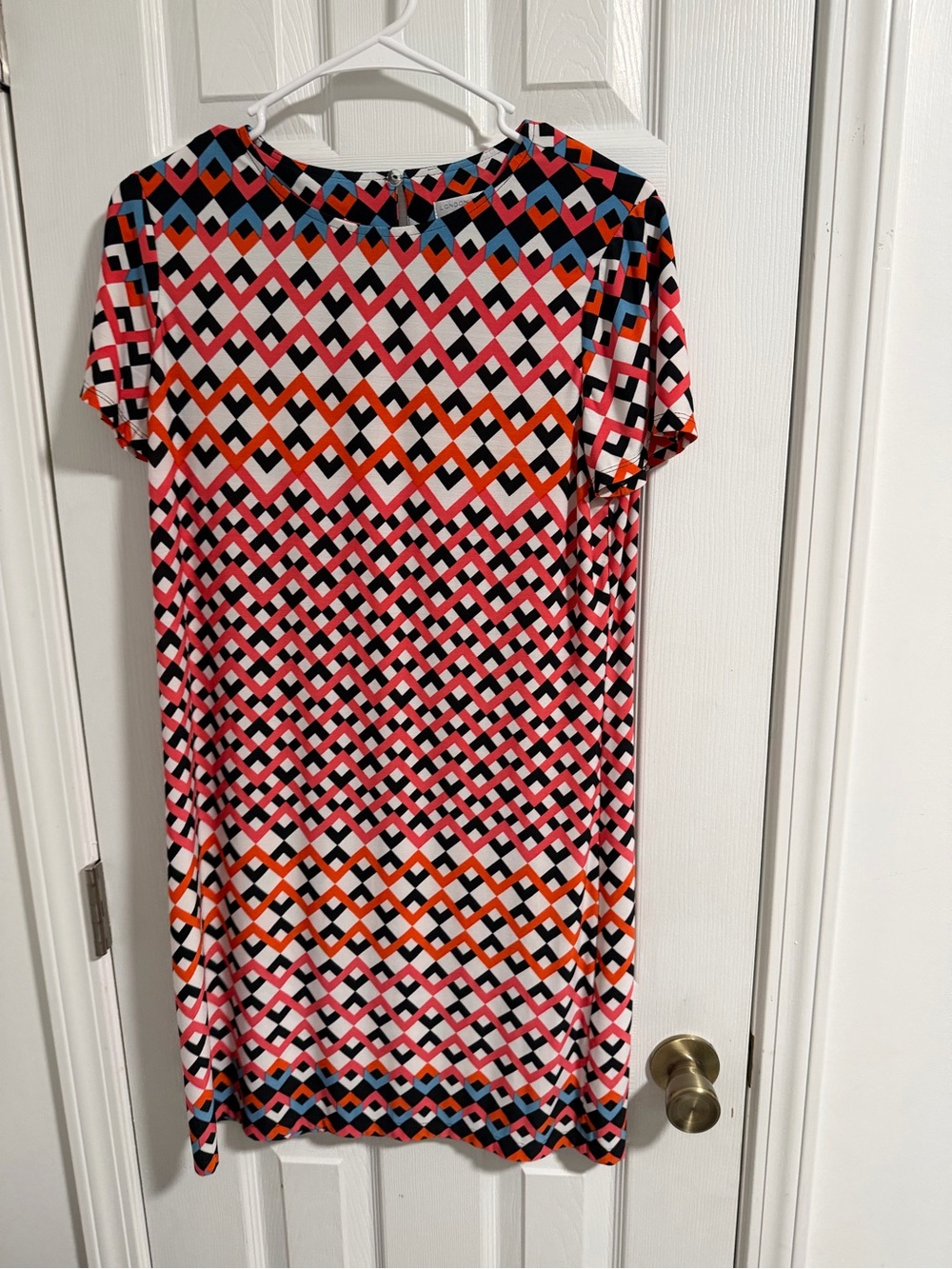 London Times Geometric Shift Dress in Pink, Orange, Black & White